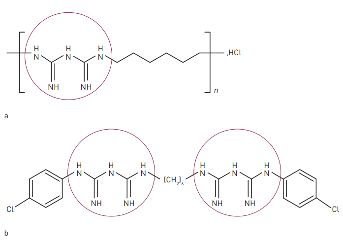 Δομικός τύπος για α) πολυεξανίδη και β) χλωρεξιδίνη. Η χημική δομή του PHMB είναι πολύ παρόμοια με αυτή της χλωρεξιδίνης.