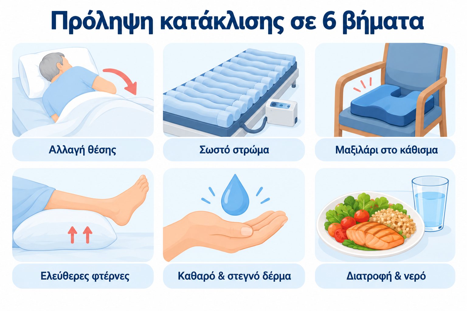 Πρόληψη κατάκλισης σε 6 βήματα: αλλαγή θέσης, σωστό στρώμα, μαξιλάρι, ελεύθερες φτέρνες, καθαρό δέρμα, διατροφή