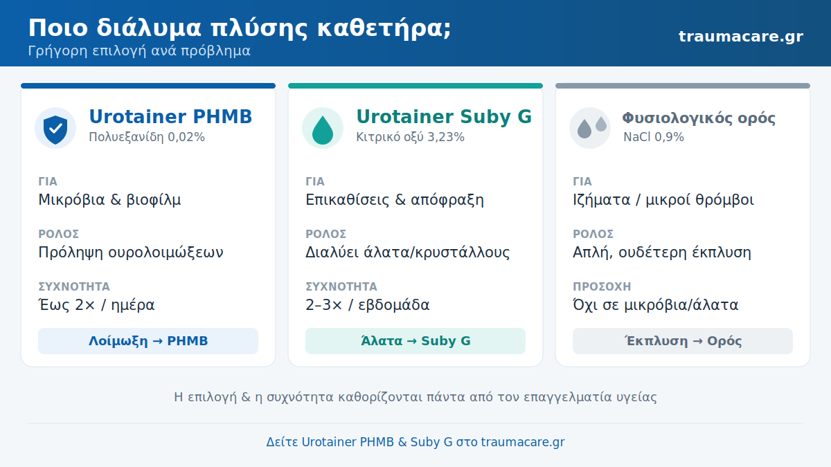 Σύγκριση διαλυμάτων πλύσης καθετήρα: Urotainer PHMB, Suby G και φυσιολογικός ορός — ποιο για ποιο πρόβλημα