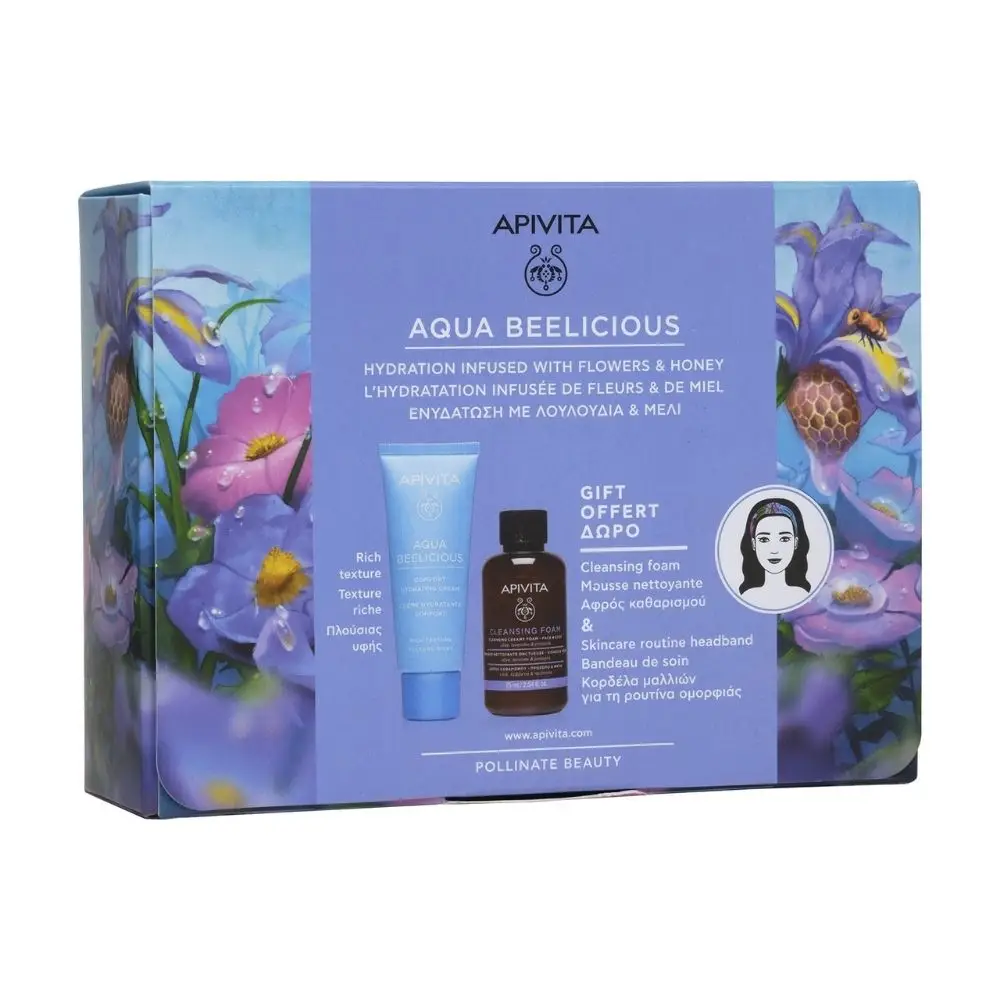 Apivita SET Aqua Beelicious Comfort Hydrating Cream 40ml & FREE Cleansing Foam 75ml & Hair Ribbon