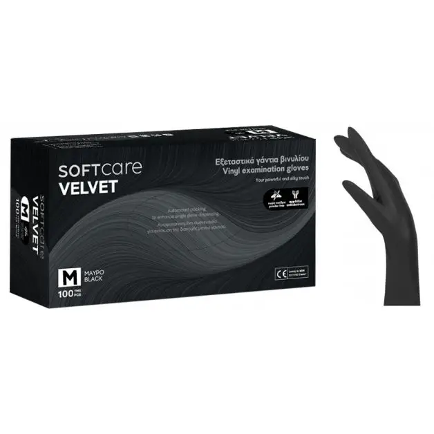 Soft Care VELVET Γάντια Βινυλίου χωρίς πούδρα Μαύρο Large (100τμχ)